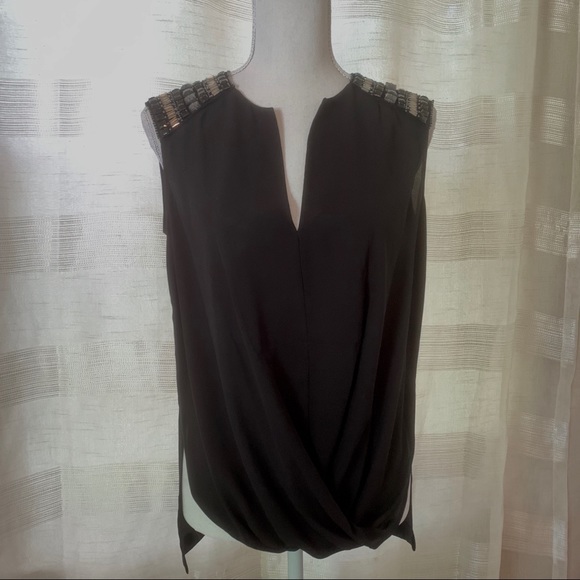 BCBGMaxAzria Black GISELE top w/ beaded shoulder - Picture 2 of 7